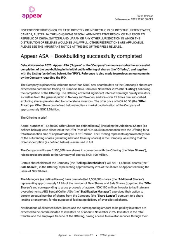 appear asa bookbuilding successfully completed