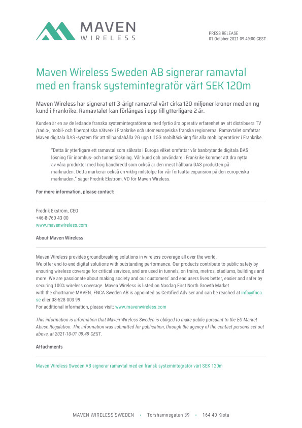 Maven Wireless Sweden AB signerar ramavtal med en fransk systemintegratör värt SEK 120m