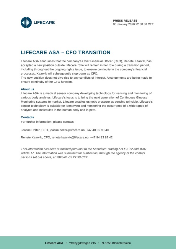 Lifecare ASA – CFO transition – Lifecare
