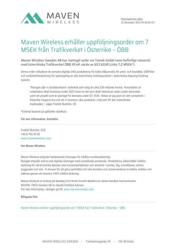 Maven Wireless erhåller uppföljningsorder om 7 MSEK från Trafikverket i Österrike – ÖBB