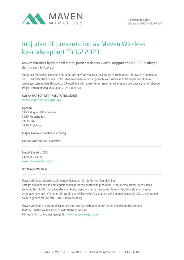 Inbjudan till presentation av Maven Wireless kvartalsrapport för Q2 2023
