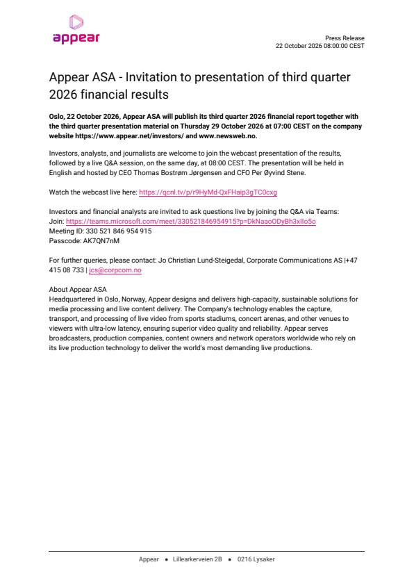 appear asa invitation to presentation of third quarter 2026 financial results