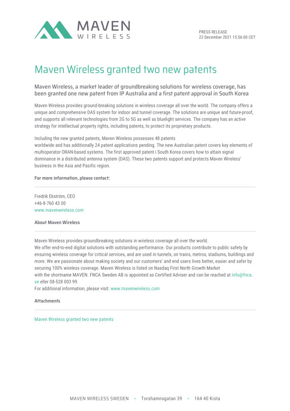 Maven Wireless granted two new patents