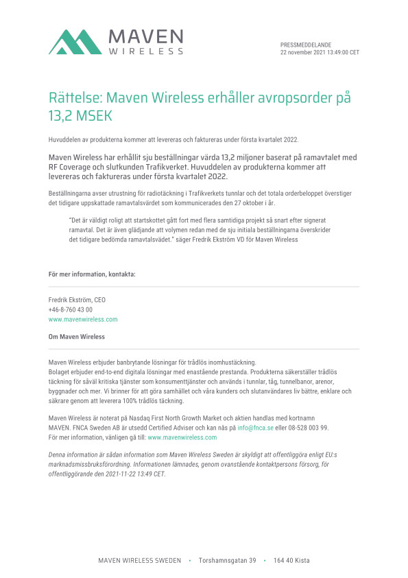 Rättelse: Maven Wireless erhåller avropsorder på 13,2 MSEK
