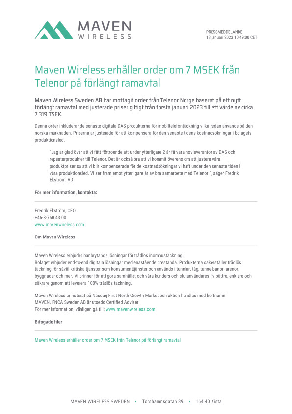Maven Wireless erhåller order om 7 MSEK från Telenor på förlängt ramavtal