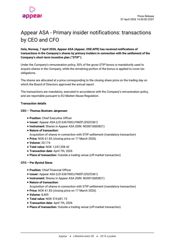 appear asa primary insider notifications transactions by ceo and cfo