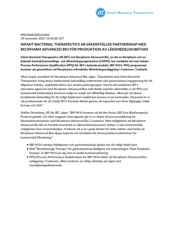 Infant Bacterial Therapeutics AB säkerställer partnerskap med Recipharm Advanced Bio för produktion av läkemedelssubstans