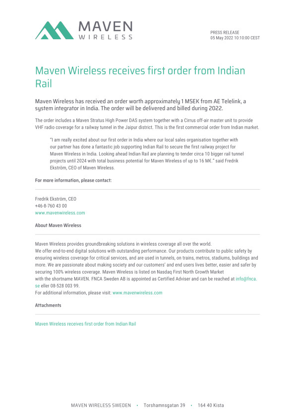Maven Wireless receives first order from Indian Rail
