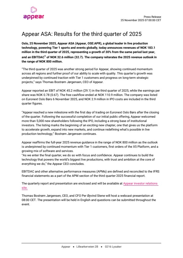 appear asa results for the third quarter of 2025