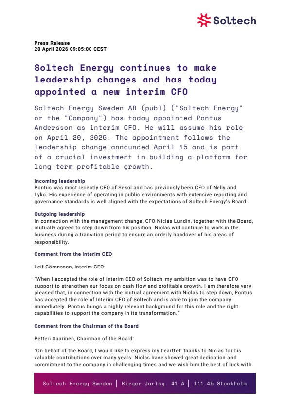 Soltech Energy continues to make leadership changes and has today ...