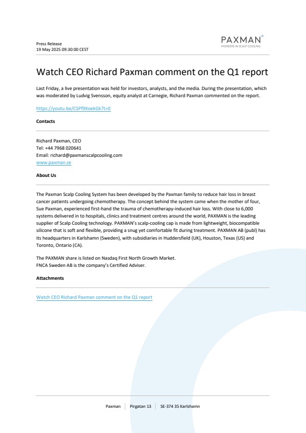 Watch CEO Richard Paxman comment on the Q1 report - Paxman SE