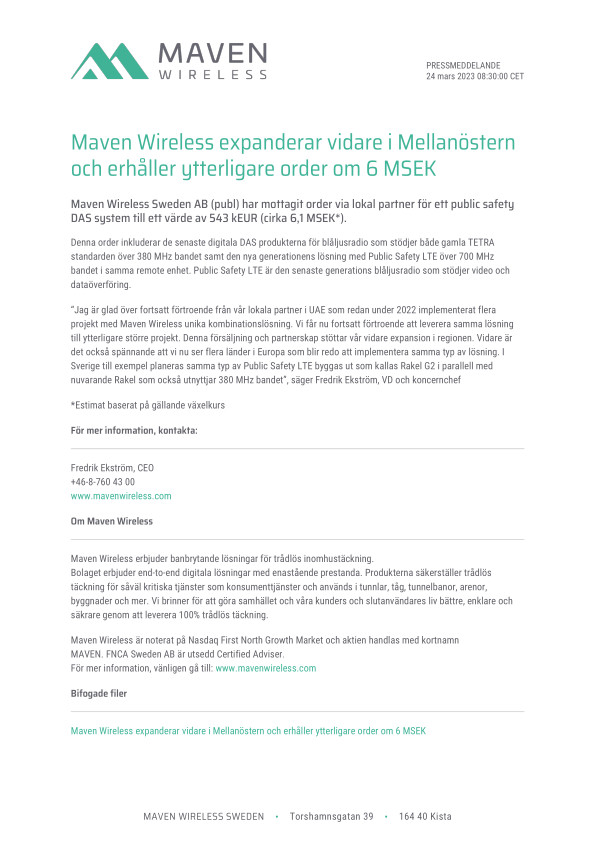 Maven Wireless expanderar vidare i Mellanöstern och erhåller ytterligare order om 6 MSEK