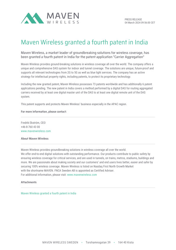 Maven Wireless granted a fourth patent in India