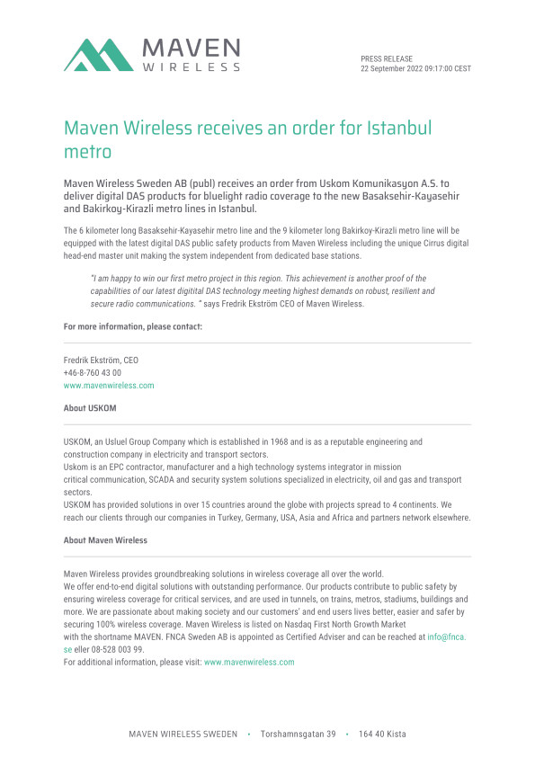 Maven Wireless receives an order for Istanbul metro