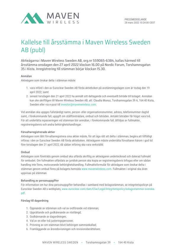 Kallelse till årsstämma i Maven Wireless Sweden AB (publ)