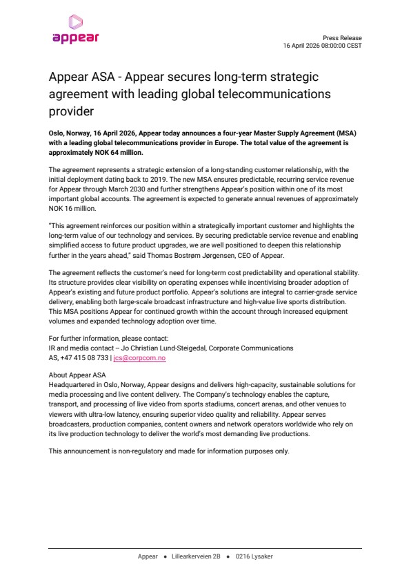 appear asa appear secures long term strategic agreement with leading global telecommunications provider