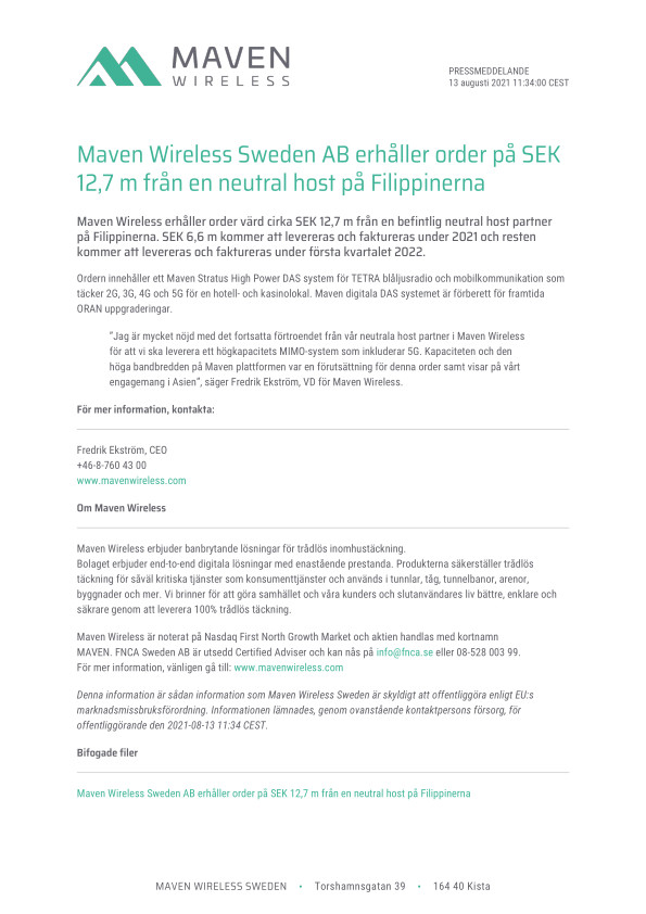 Maven Wireless Sweden AB erhåller order på SEK 12,7 m från en neutral host på Filippinerna