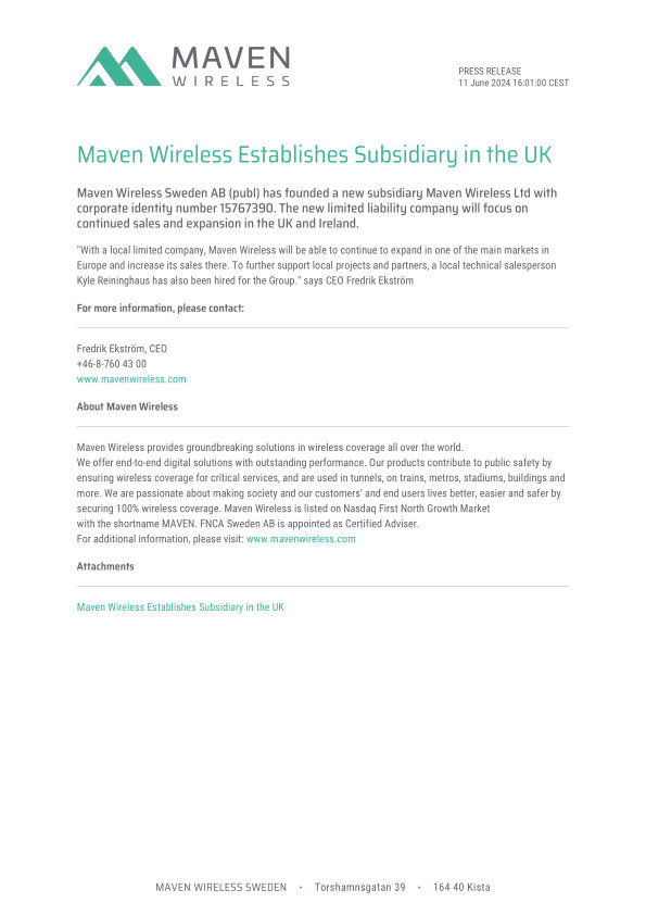 Maven Wireless Establishes Subsidiary in the UK