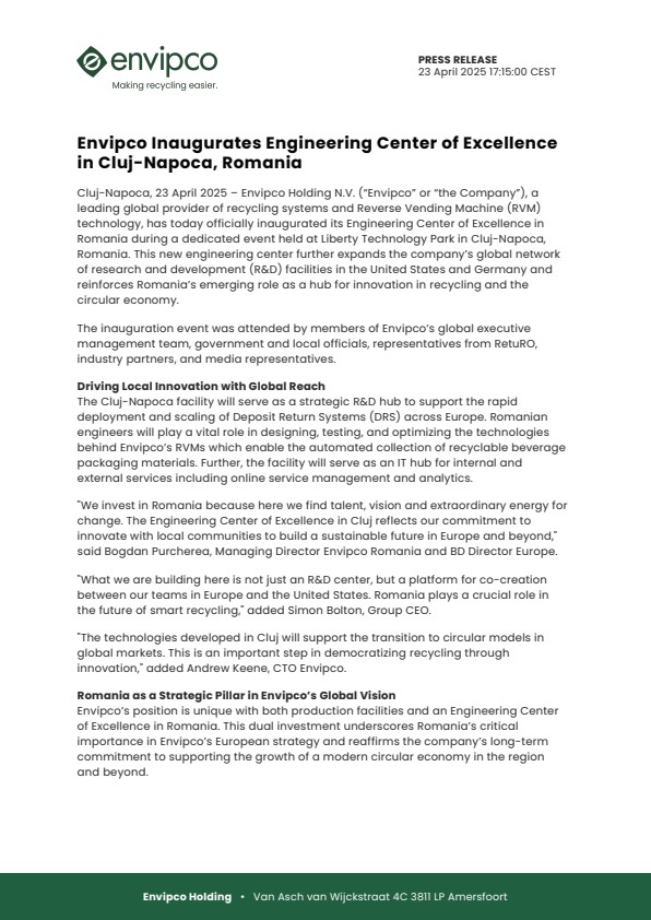 Envipco Inaugurates Engineering Center of Excellence in Cluj-Napoca, Romania