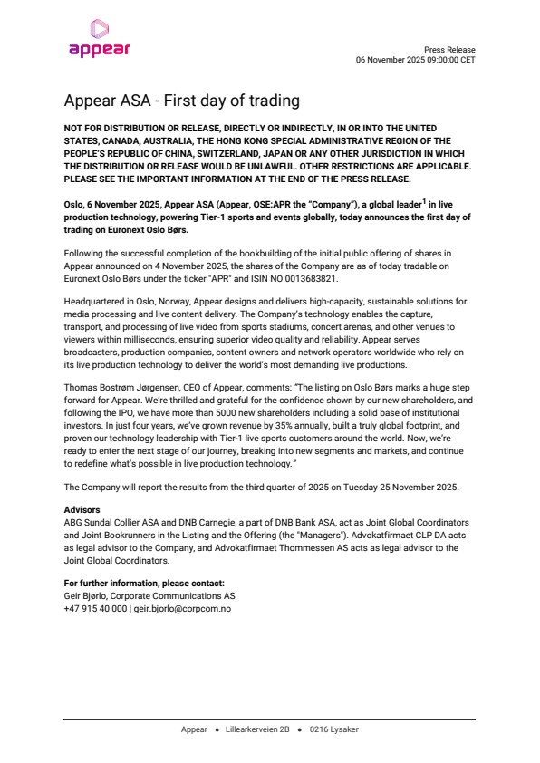 appear asa first day of trading