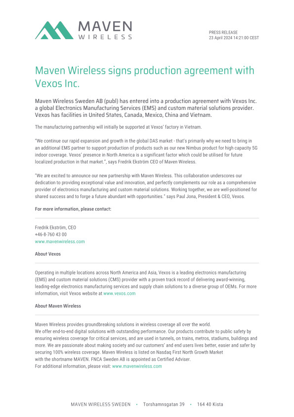 Maven Wireless signs production agreement with Vexos Inc.