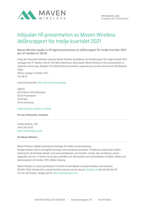 Inbjudan till presentation av Maven Wireless delårsrapport för tredje kvartalet 2021