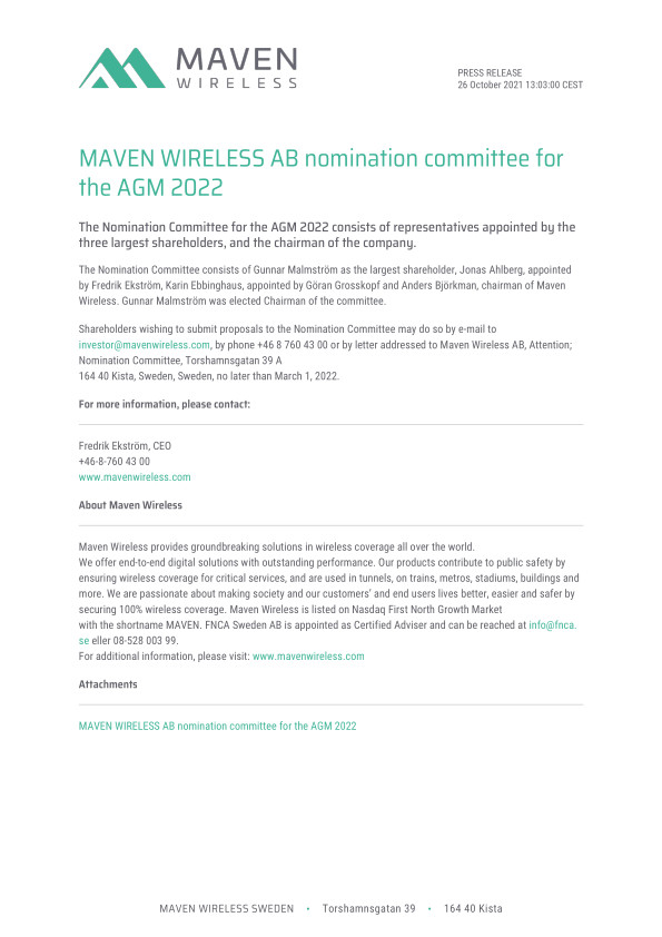 MAVEN WIRELESS AB nomination committee for the AGM 2022