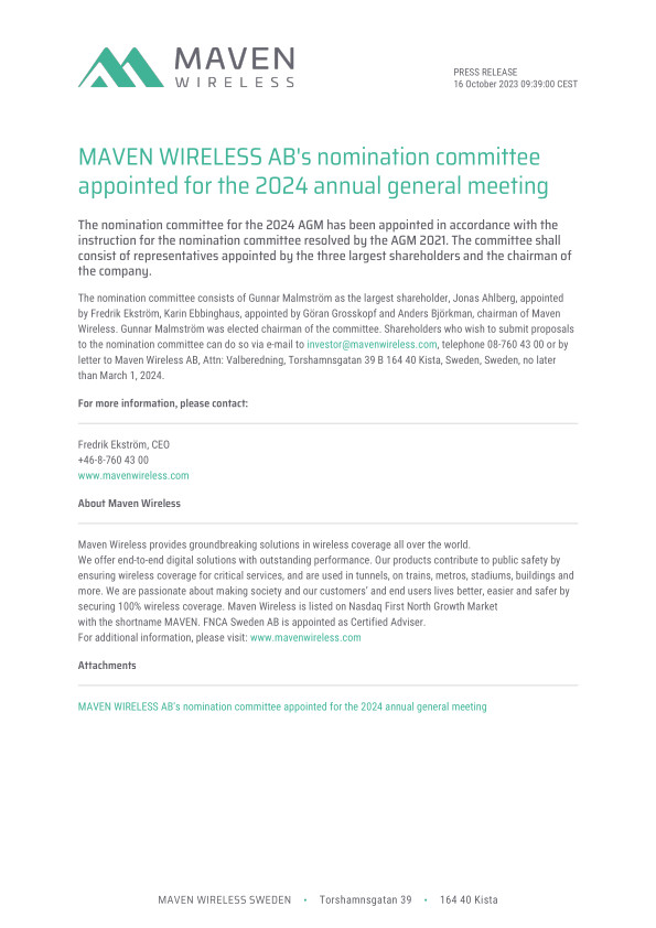 MAVEN WIRELESS AB's nomination committee appointed for the 2024 annual general meeting
