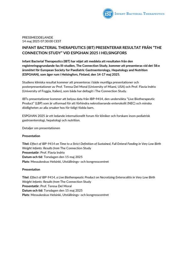 Infant Bacterial Therapeutics (IBT) presenterar resultat från ”The Connection Study” vid ESPGHAN 2025 i Helsingfors
