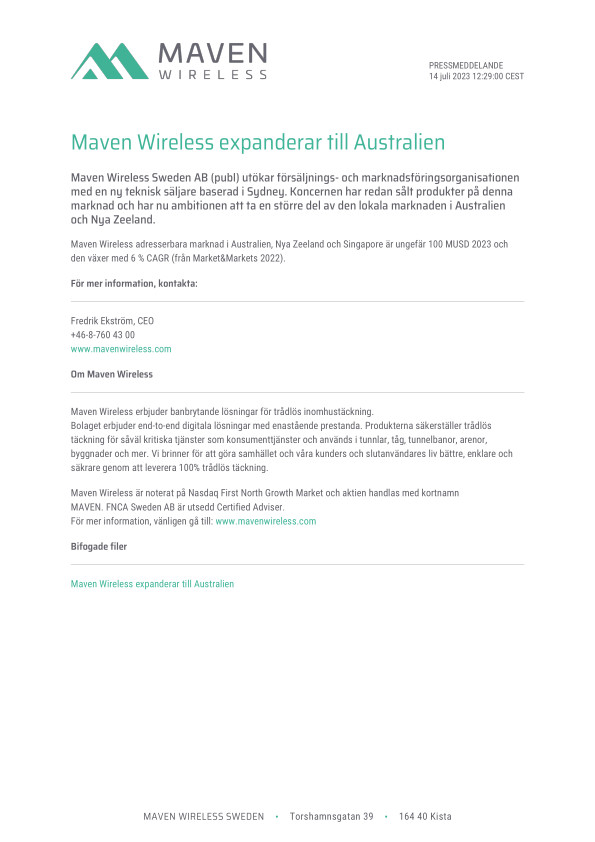Maven Wireless expanderar till Australien