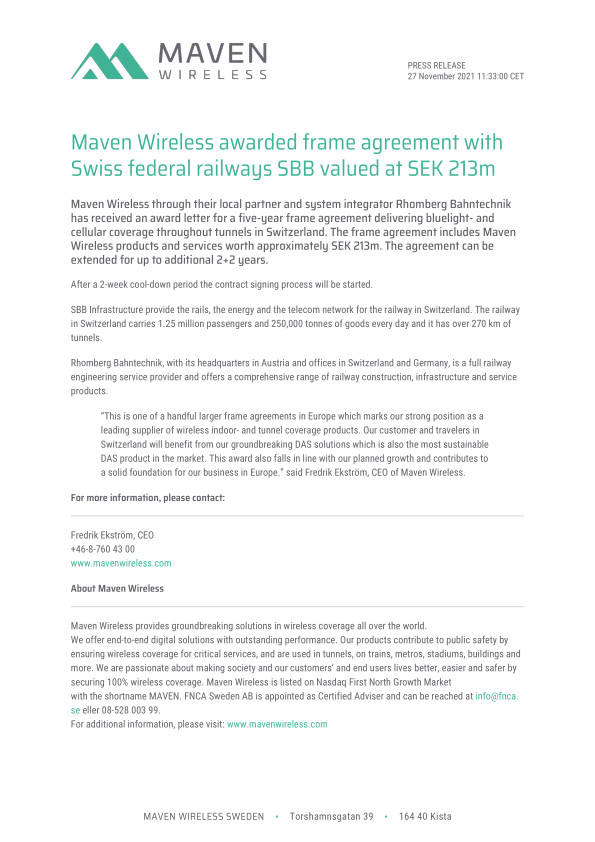 Maven Wireless awarded frame agreement with Swiss federal railways SBB valued at SEK 213m