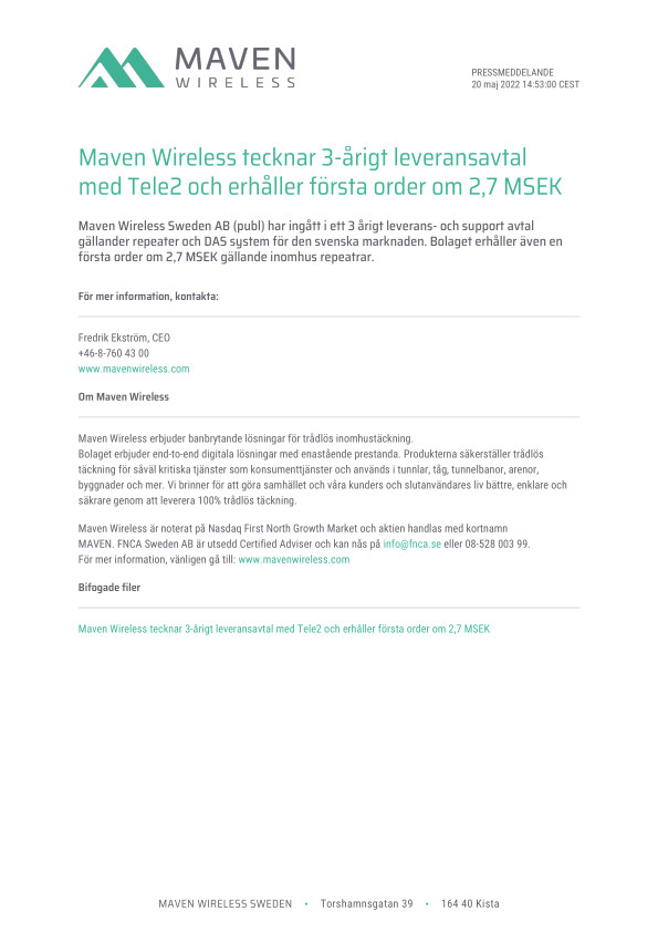 Maven Wireless tecknar 3-årigt leveransavtal med Tele2 och erhåller första order om 2,7 MSEK