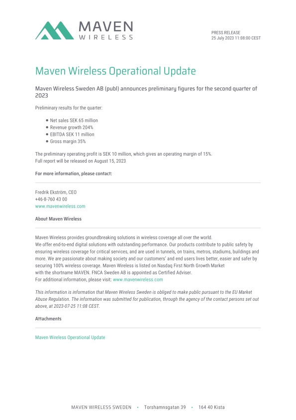Maven Wireless Operational Update
