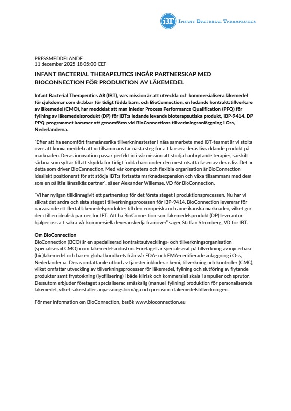 Infant Bacterial Therapeutics ingår partnerskap med BioConnection för produktion av läkemedel