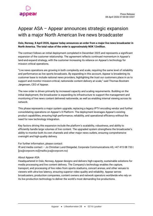 appear asa appear announces strategic expansion with a major north american live news broadcaster