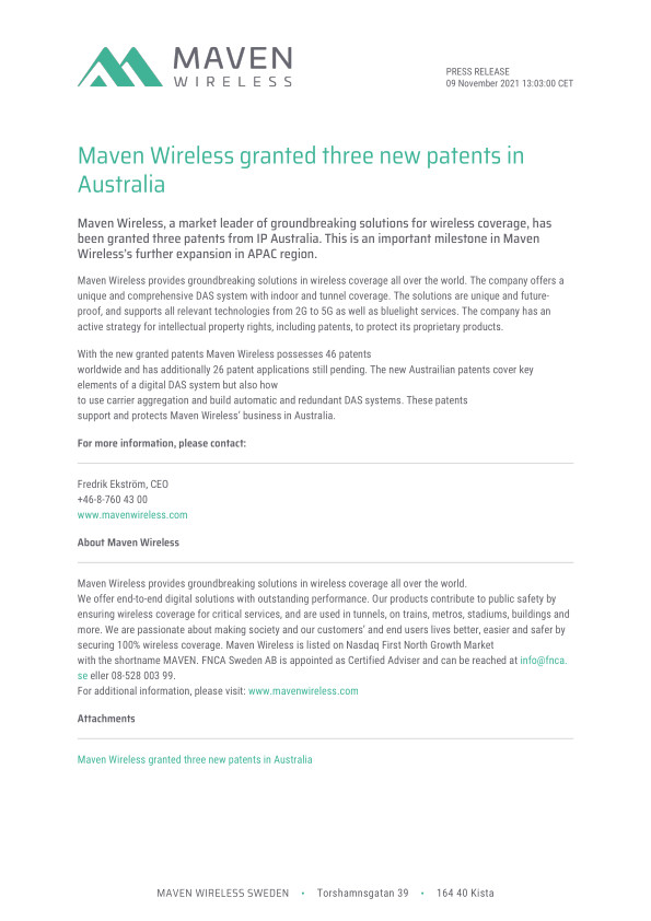 Maven Wireless granted three new patents in Australia