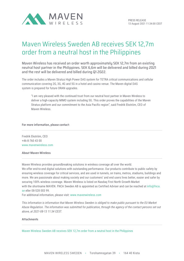 Maven Wireless Sweden AB receives SEK 12,7m order from a neutral host in the Philippines