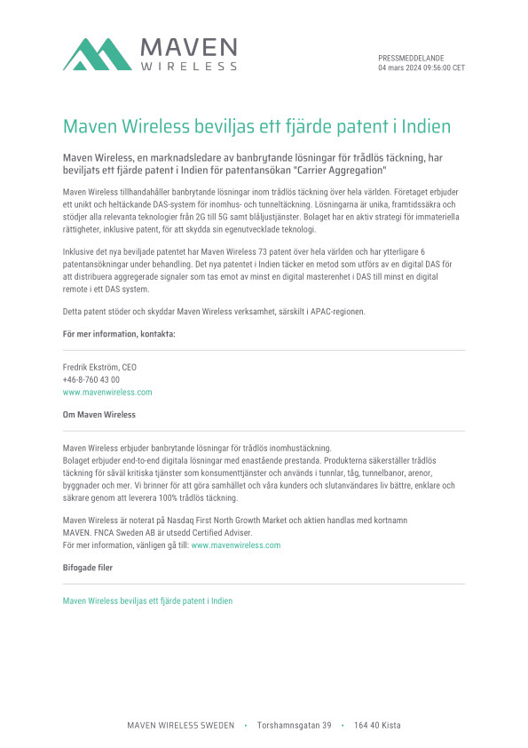 Maven Wireless beviljas ett fjärde patent i Indien