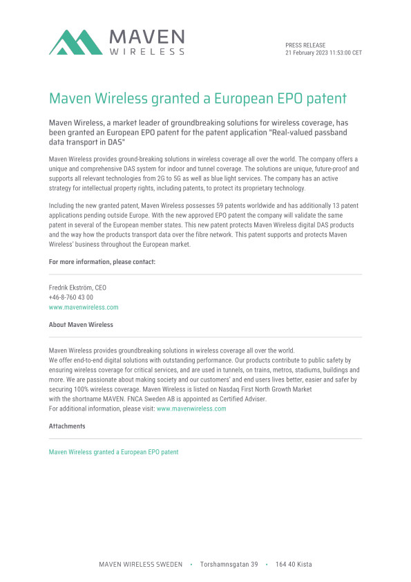 Maven Wireless granted a European EPO patent