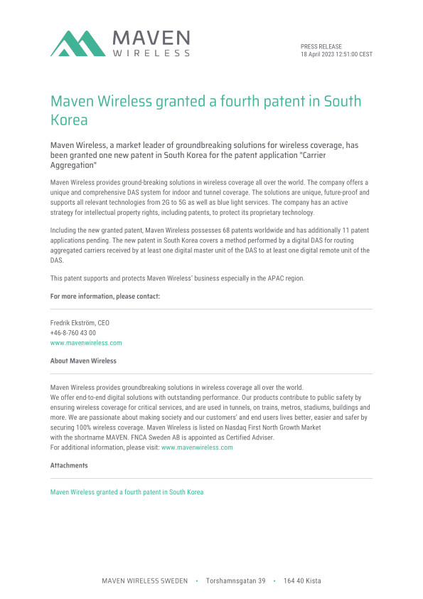 Maven Wireless granted a fourth patent in South Korea