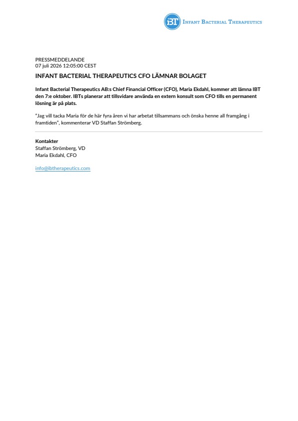 Infant Bacterial Therapeutics CFO lämnar bolaget