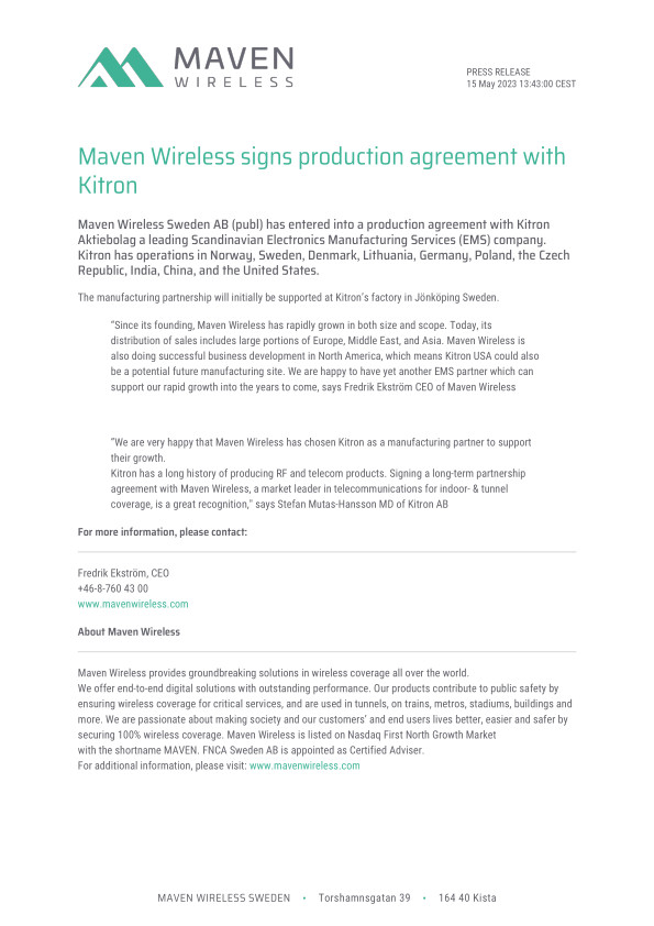 Maven Wireless signs production agreement with Kitron