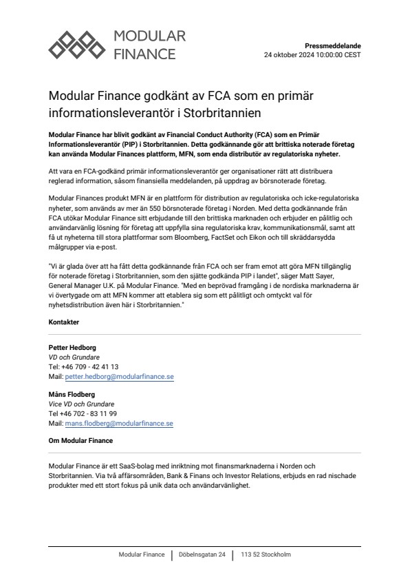 modular finance godkant av fca som en primar informationsleverantor i storbritannien