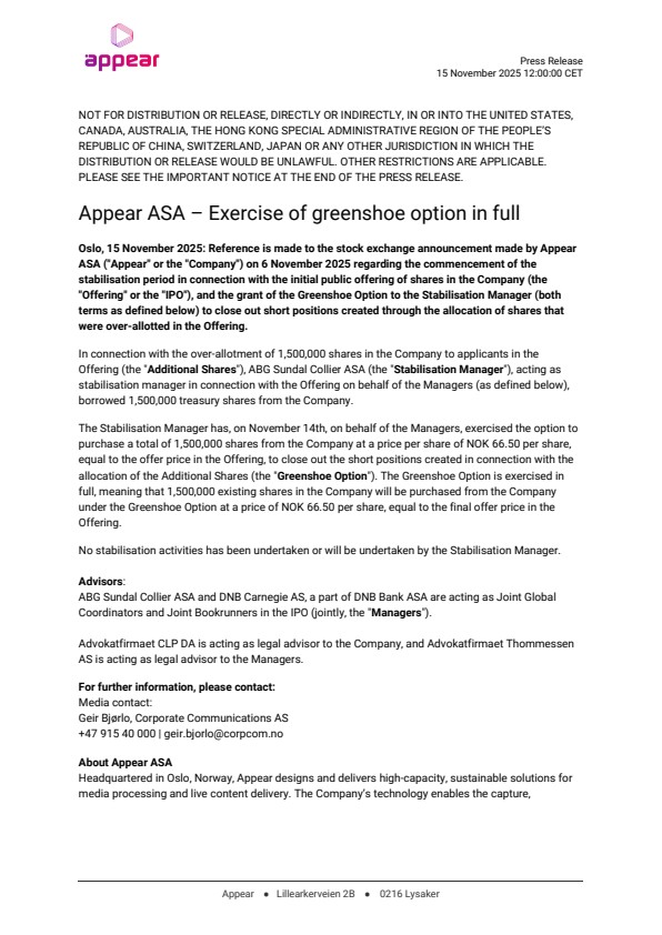 appear asa exercise of greenshoe option in full