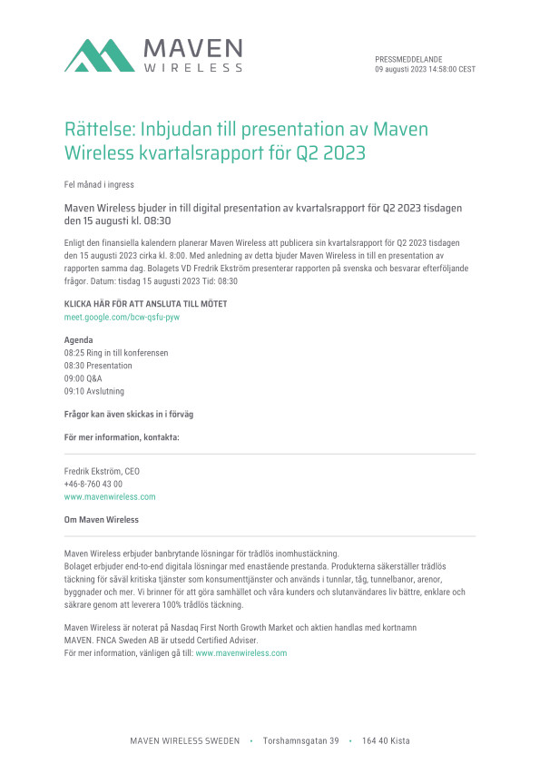 Rättelse: Inbjudan till presentation av Maven Wireless kvartalsrapport för Q2 2023