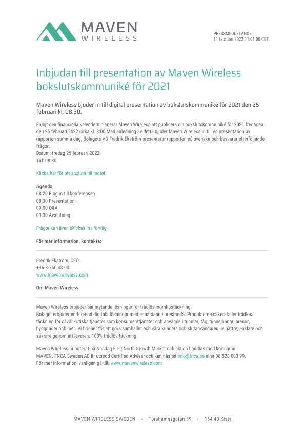 Inbjudan till presentation av Maven Wireless bokslutskommuniké för 2021