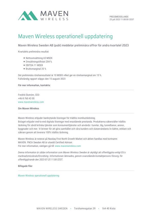 Maven Wireless operationell uppdatering