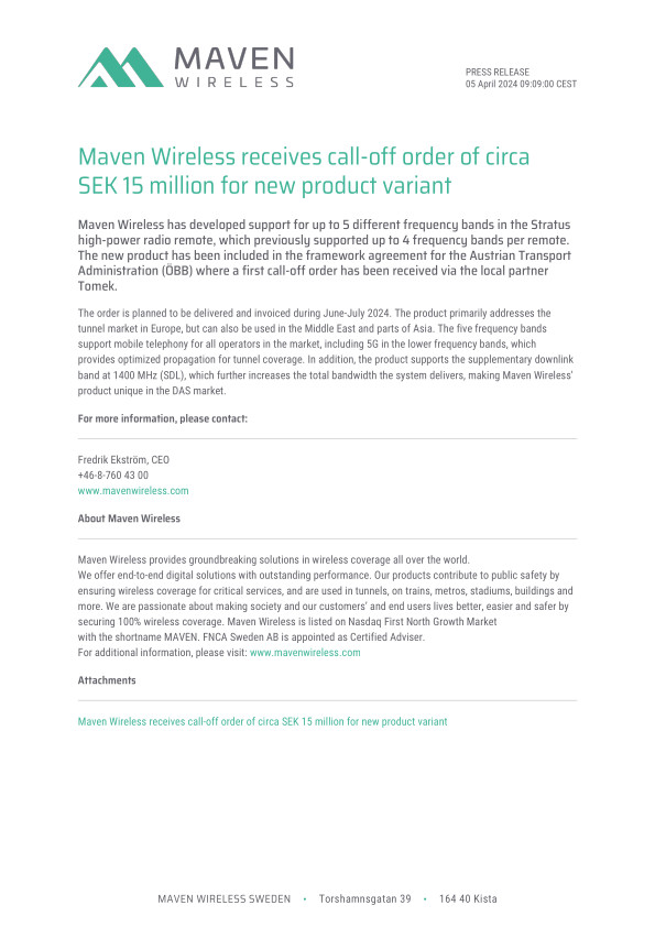 Maven Wireless receives call-off order of circa SEK 15 million for new product variant