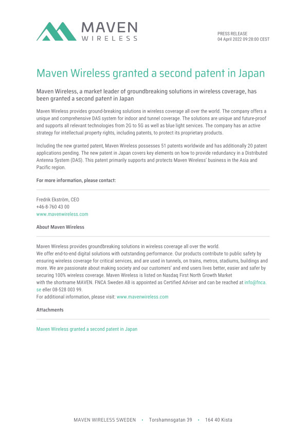 Maven Wireless granted a second patent in Japan