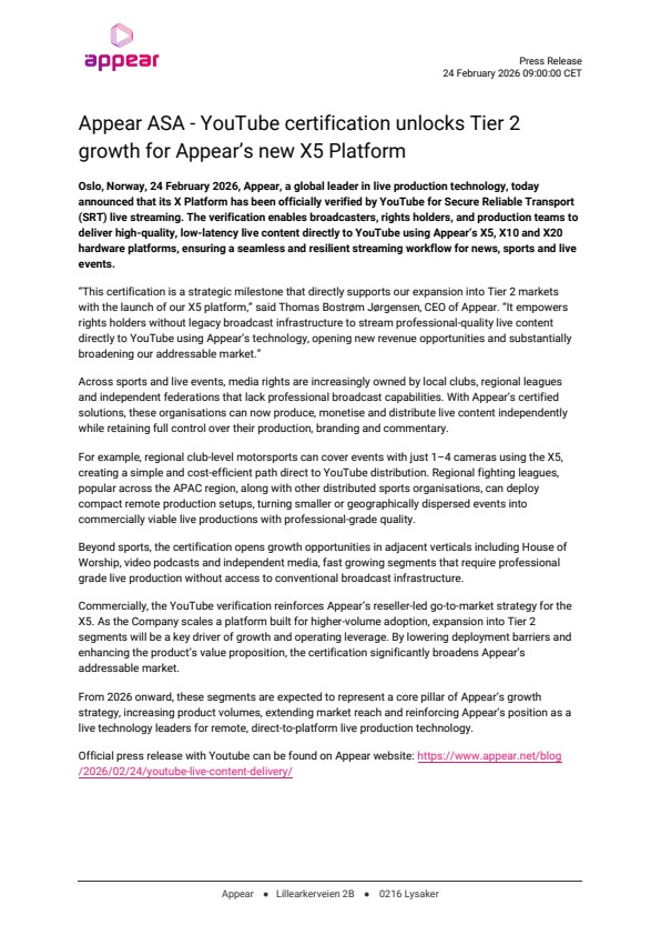 appear asa youtube certification unlocks tier 2 growth for appears new x5 platform